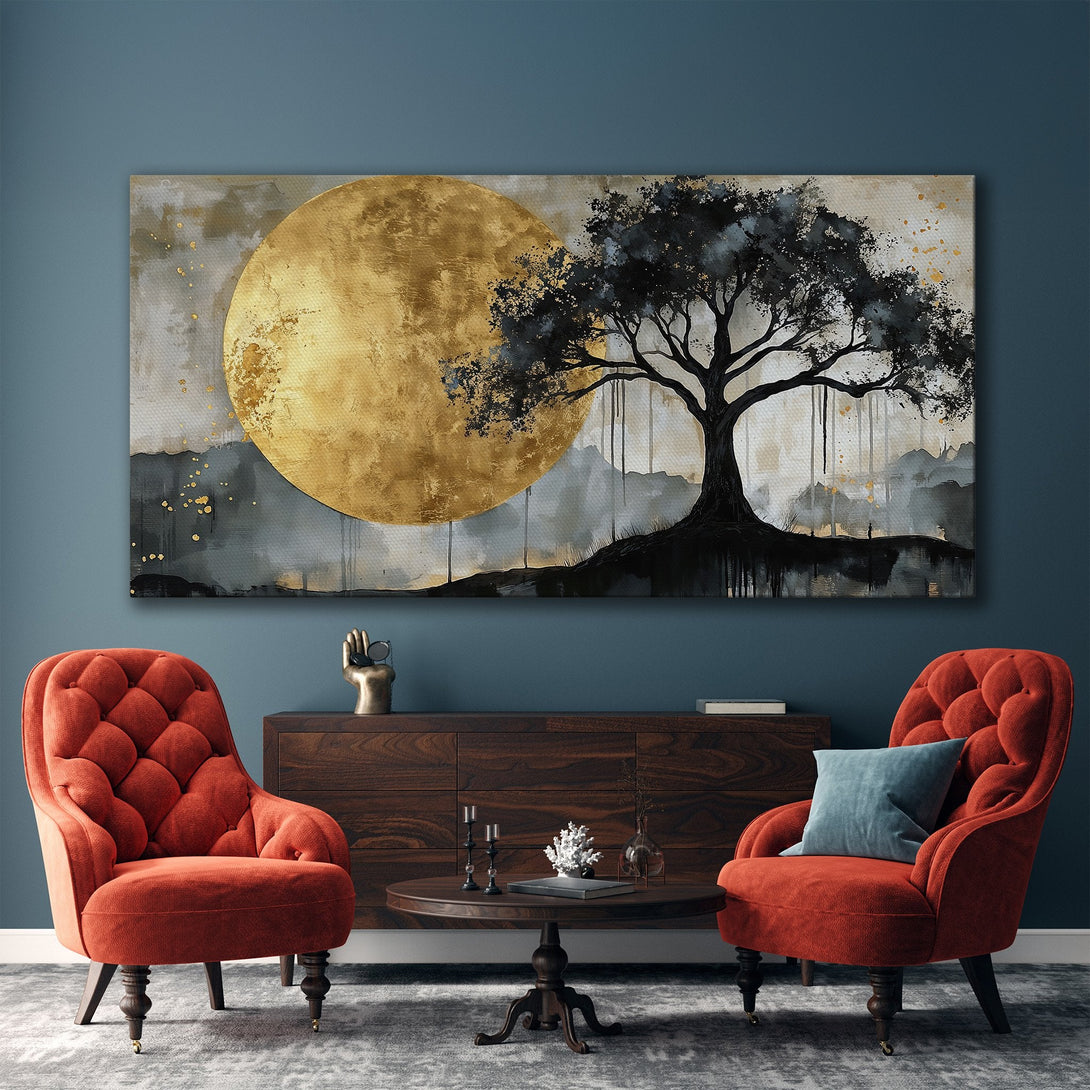 Framed Wall Art: Abstract tree painting with gold and gray tones. Modern canvas print adds elegance to any living room. Shop now for stylish home decor!