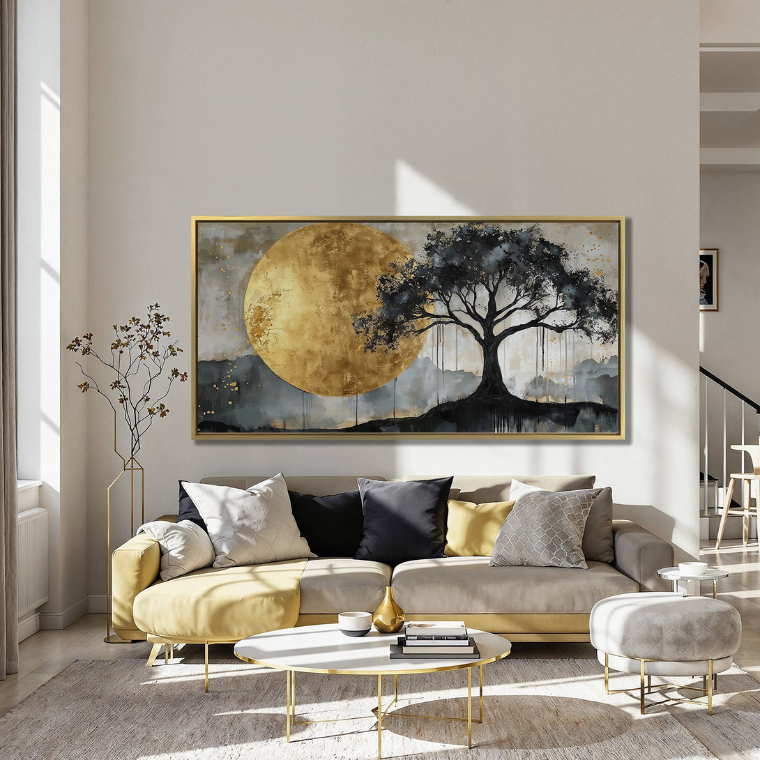 Canvas Print featuring a gold moon and tree art print in a modern interior. Earthy tones and a touch of gold for a sophisticated look.