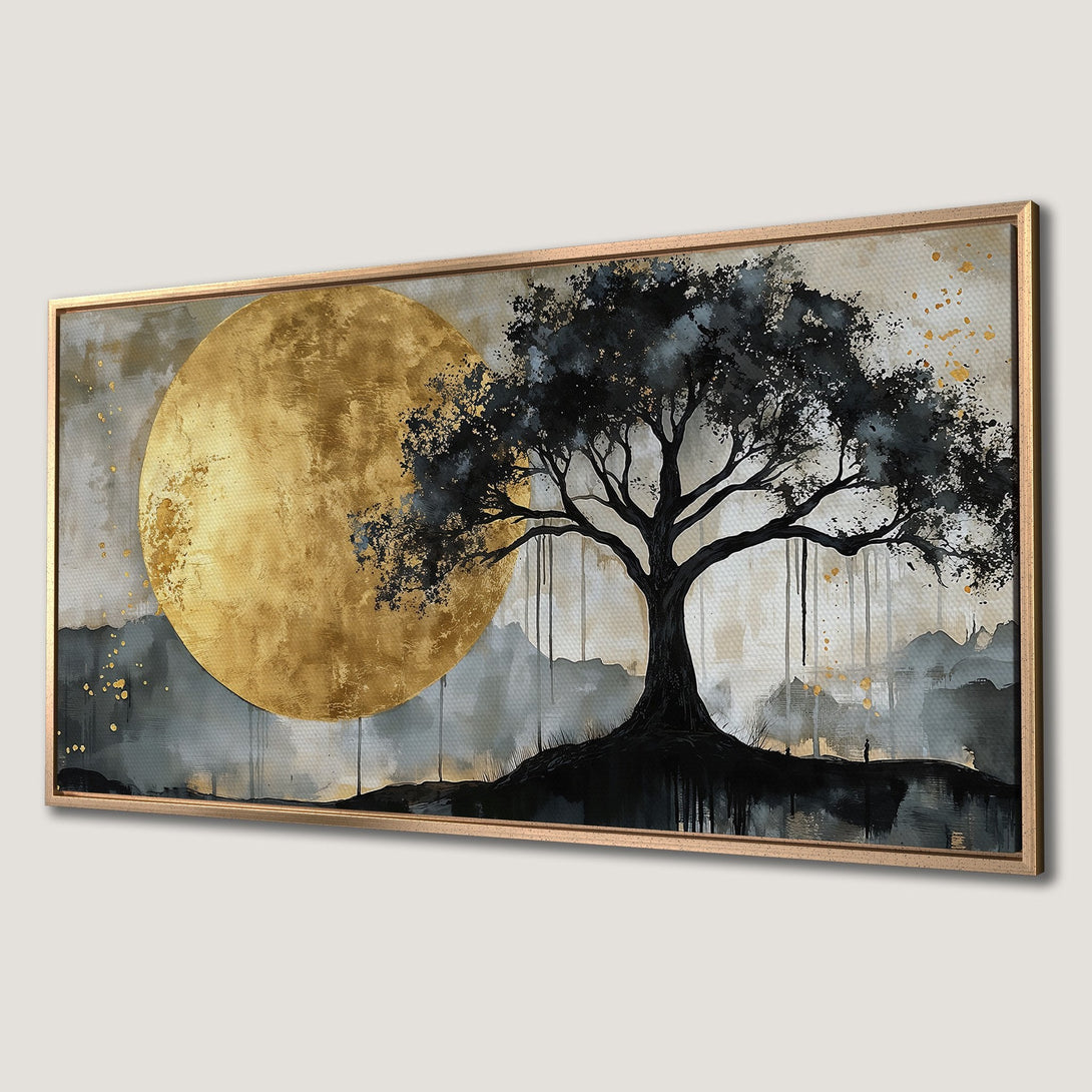 Framed Wall Art: Abstract tree painting with gold accents. Modern art canvas print in a neutral gray, black, and gold color palette. Perfect for home decor.