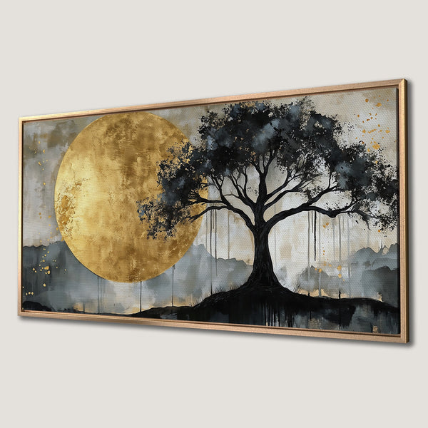 Framed Wall Art: Abstract tree painting with gold accents. Modern art canvas print in a neutral gray, black, and gold color palette. Perfect for home decor.
