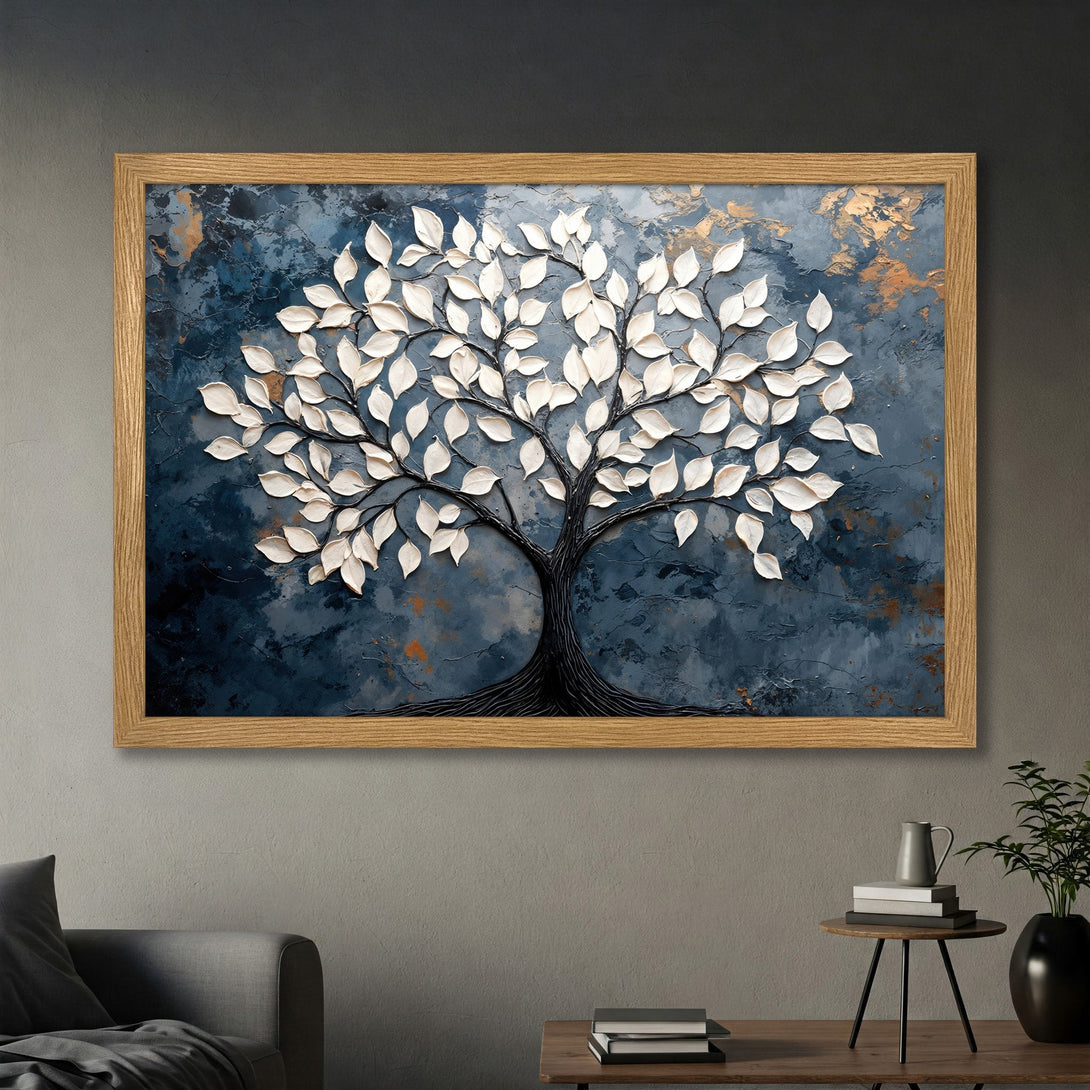 Framed Poster featuring an abstract tree with white leaves and a textured, blue and gold background. Modern art style.