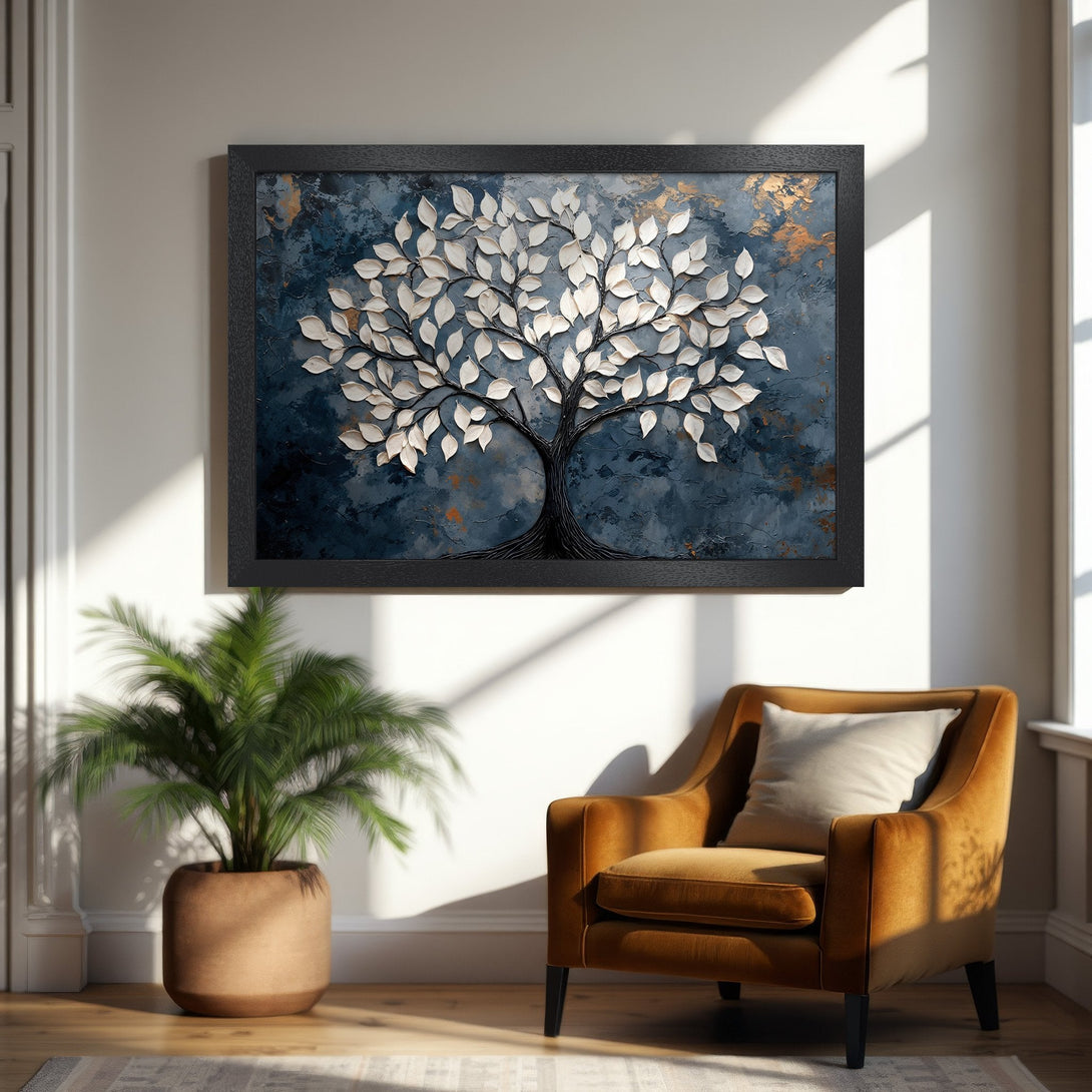 Framed Poster: Abstract tree art in blue, white, and gold. Modern decor style. Enhance your space with this stunning poster.
