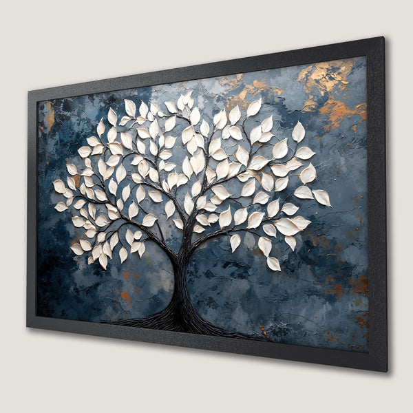 Framed Poster featuring a textured white tree on a dark blue and gold abstract background. Modern art print for your home.