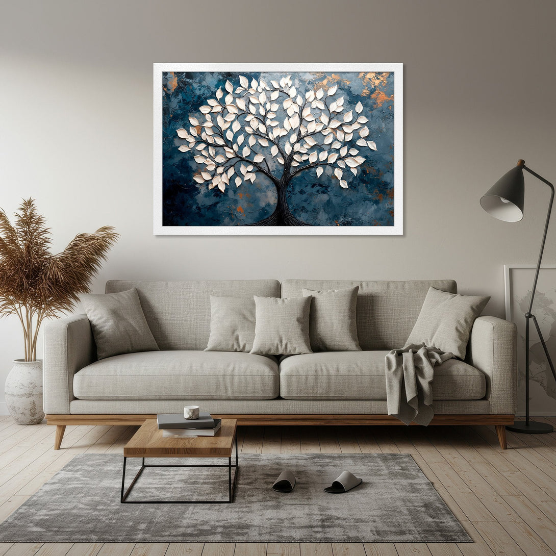 Framed Poster featuring a textured tree artwork. Modern style with a blue, white, and gold color palette. Perfect for home decor.