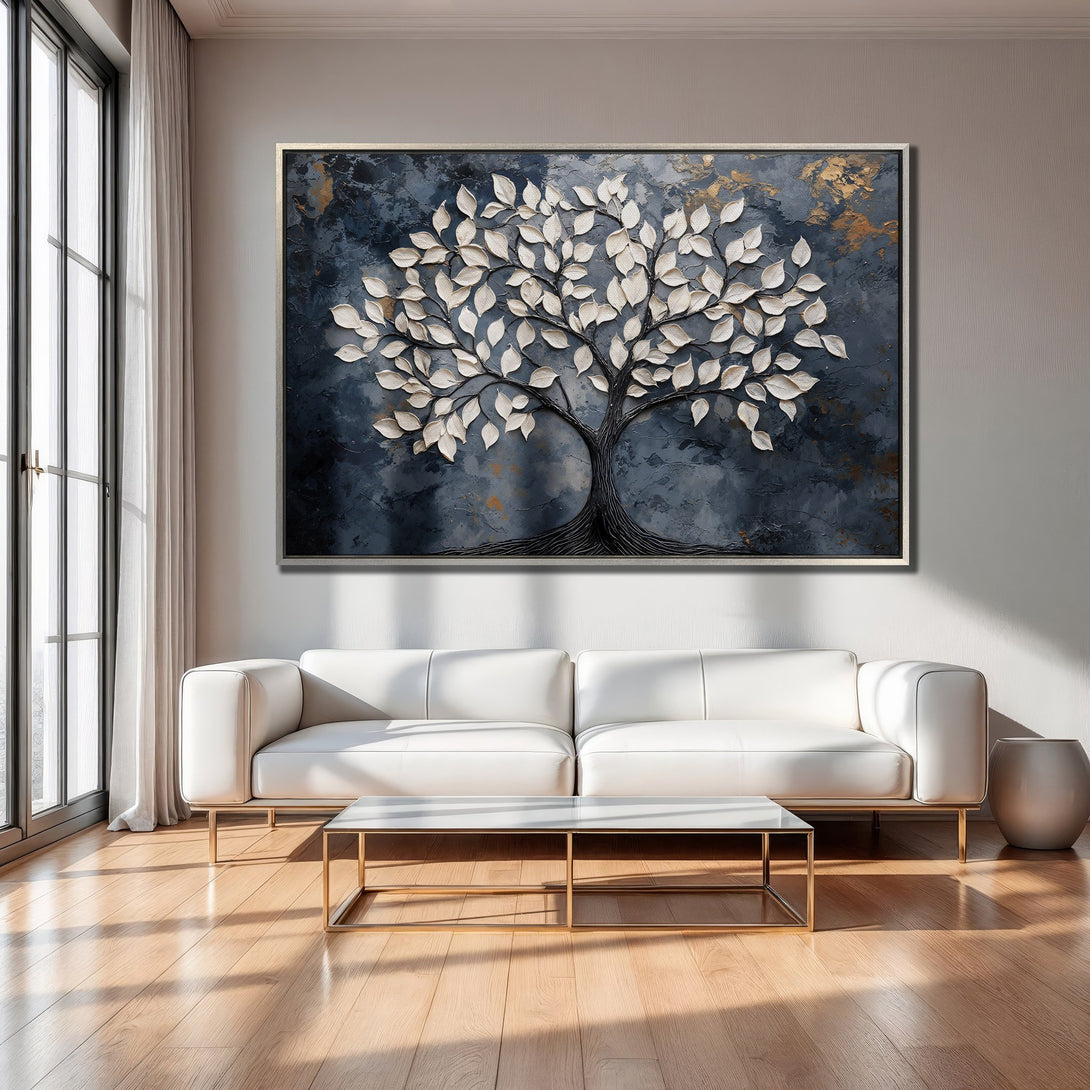 Framed Wall Art: Abstract tree art in navy, gold, and white. Modern canvas print adds elegance to any living room decor.