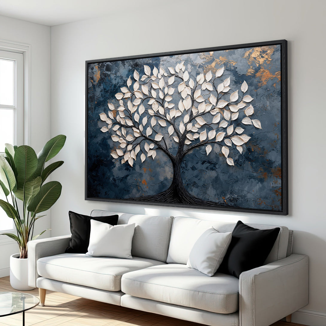 Framed Wall Art: Textured tree art in blue, white, and gold. Modern canvas print adds elegance to any living room. Shop now for unique home decor!