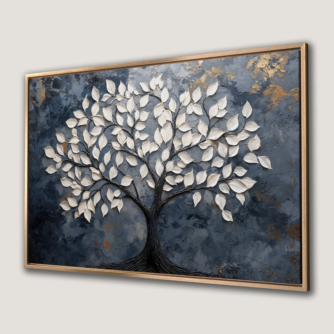Framed Wall Art: Textured tree painting in a modern style. Features a dark blue and gold color palette with white leaves. Perfect for any room.