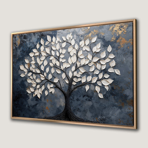 Framed Wall Art: Textured tree painting in a modern style. Features a dark blue and gold color palette with white leaves. Perfect for any room.