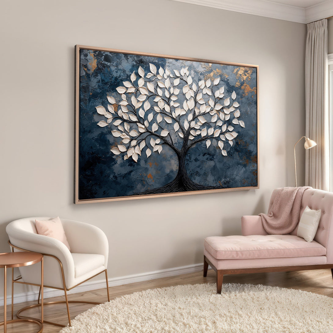 Framed Wall Art: Textured tree art in navy, gold, and white. Modern canvas print adds elegance to any interior. Shop now for stunning home decor!