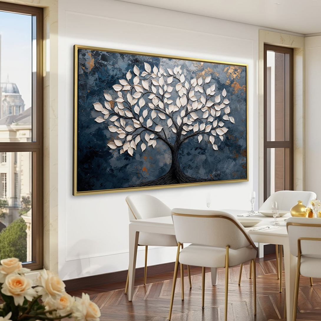 Canvas Print of a textured tree art piece in a dark blue and gold palette, adding elegance to a green-walled office.