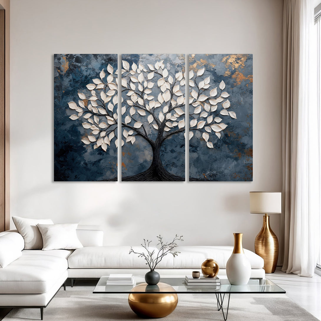 Abstract Canvas Print of a tree with white leaves on a textured blue and gold background. Modern wall art for a stylish interior.