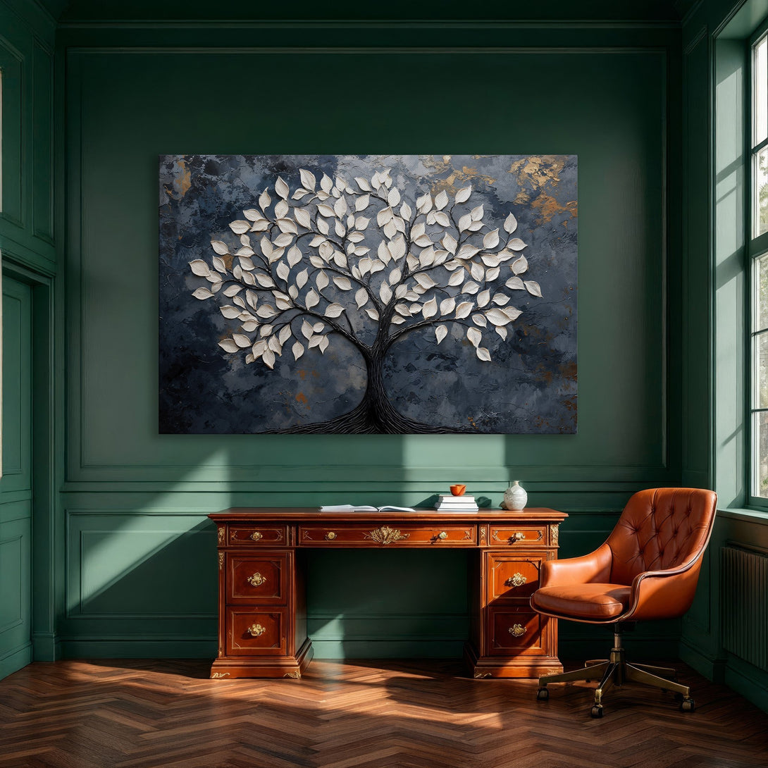 Framed Wall Art: Textured tree art in blue and white tones. Modern canvas print adds elegance to any dining room. Shop now!