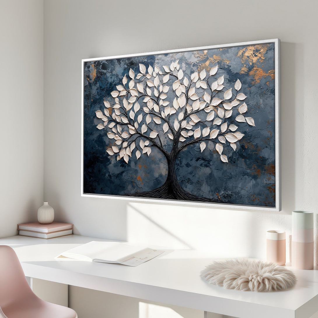 Framed Wall Art: Textured tree art in blue, white, and gold. Modern canvas print for living room or bedroom decor.
