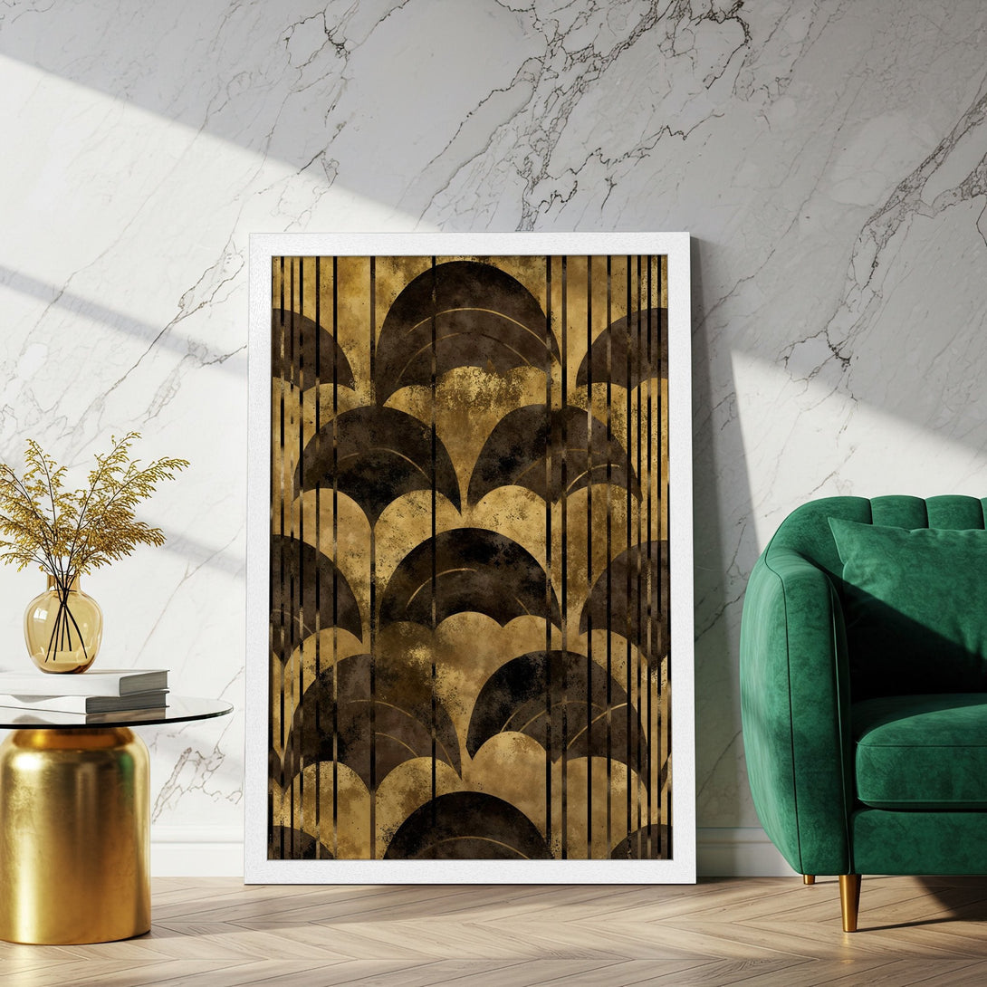 Framed Poster featuring an Art Deco design in gold and brown tones, perfect for adding a touch of luxury to your home decor.