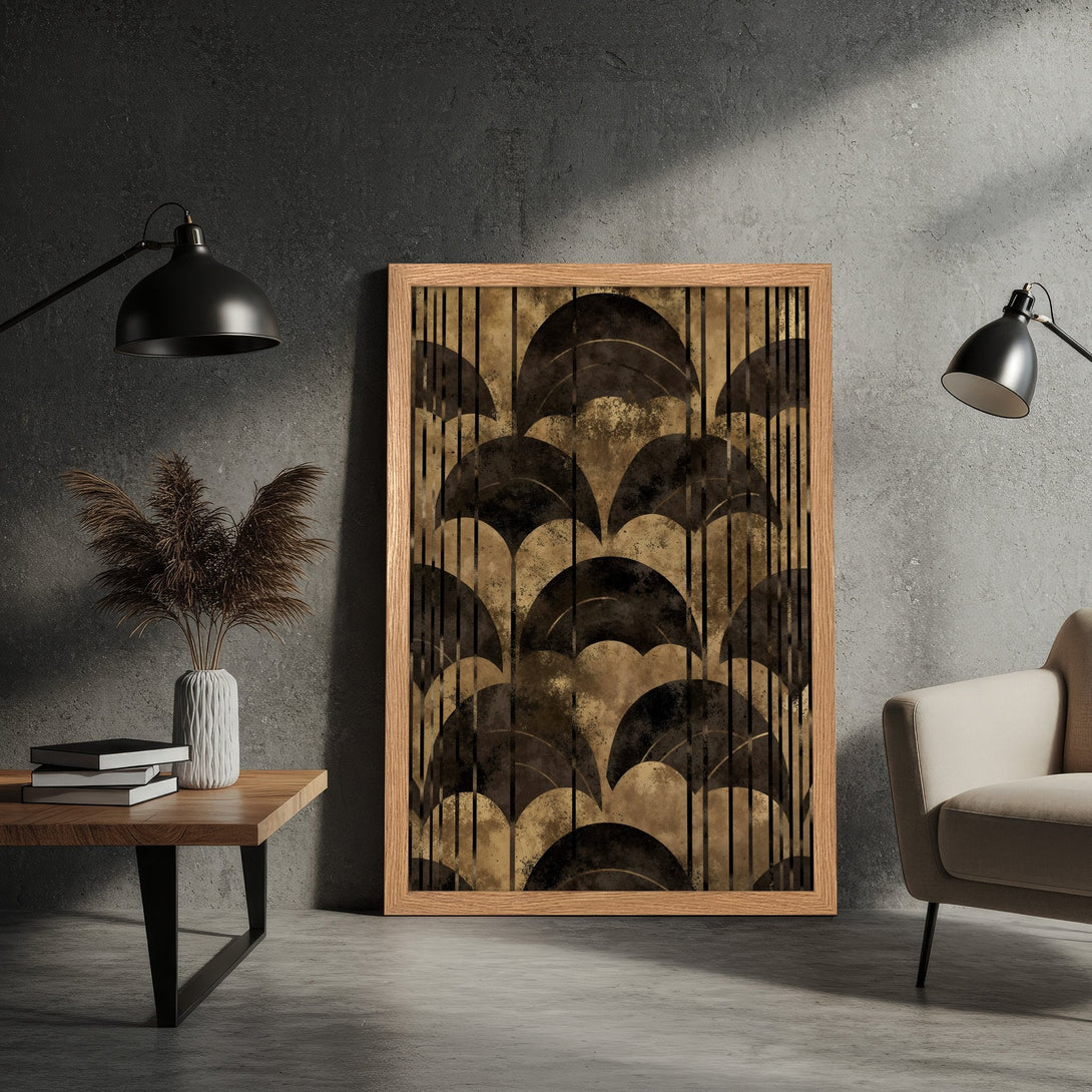 Framed Poster featuring an abstract geometric design in a warm brown and gold color palette, perfect for modern decor.