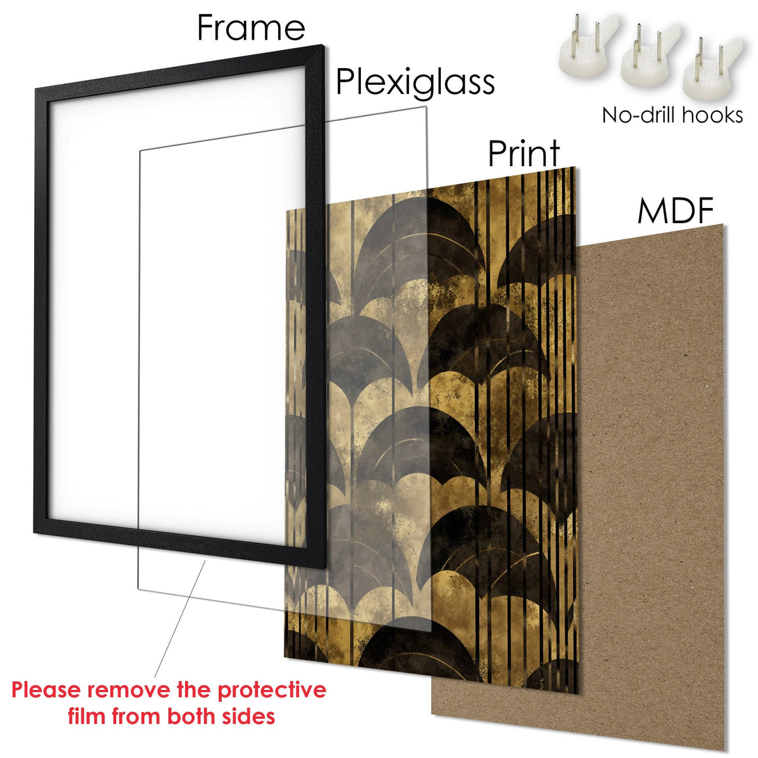 Framed Poster with Art Deco design in gold and black. Modern wall art for your home decor.