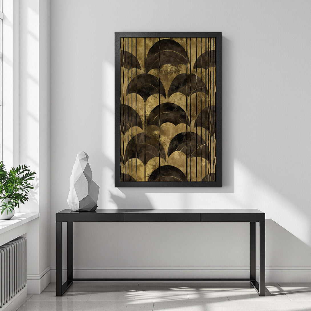 Framed Poster featuring an Art Deco design in gold and black, perfect wall decor for modern interiors.