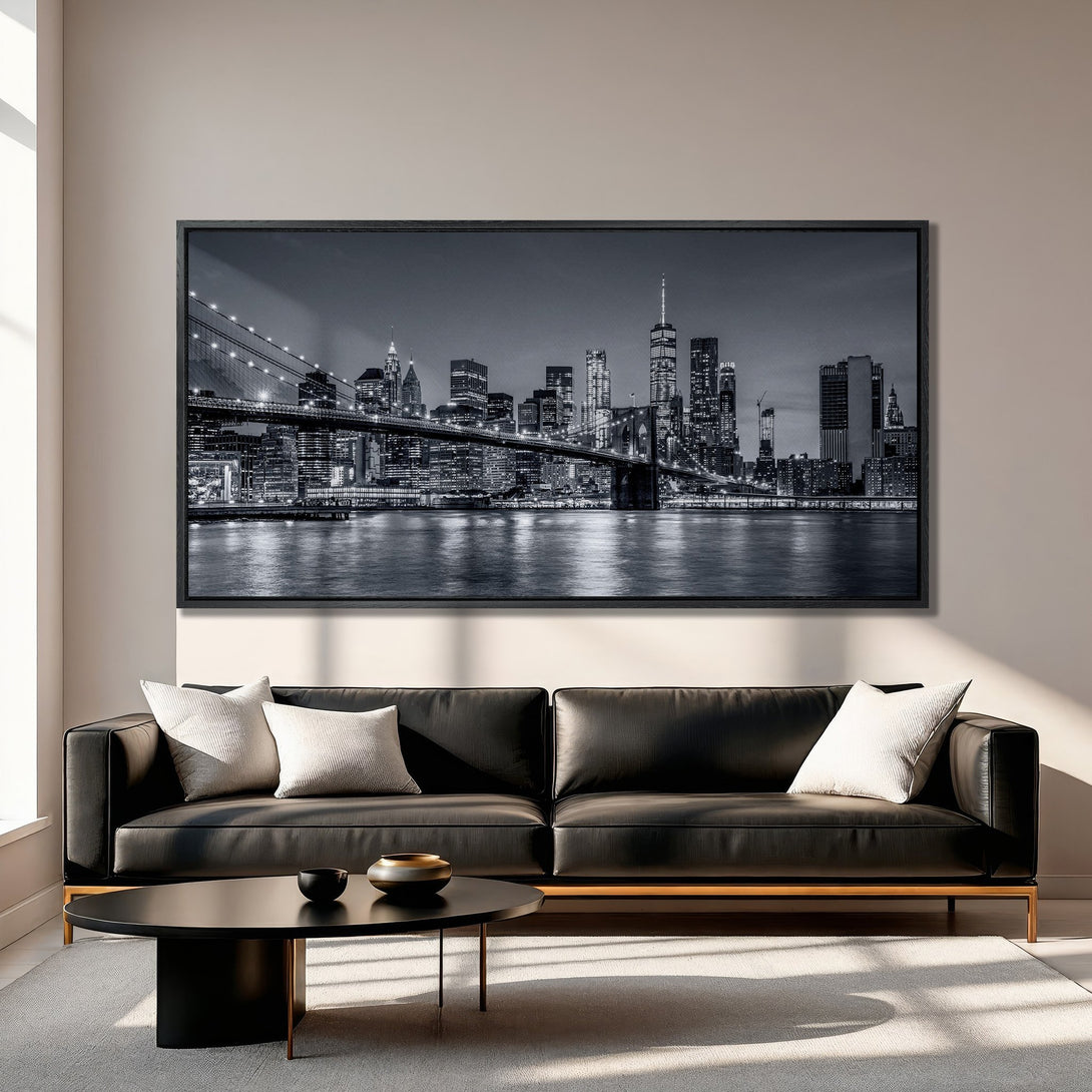 Framed Wall Art of NYC skyline in monochrome. Modern Canvas Print with black & white cityscape, perfect for any interior design.