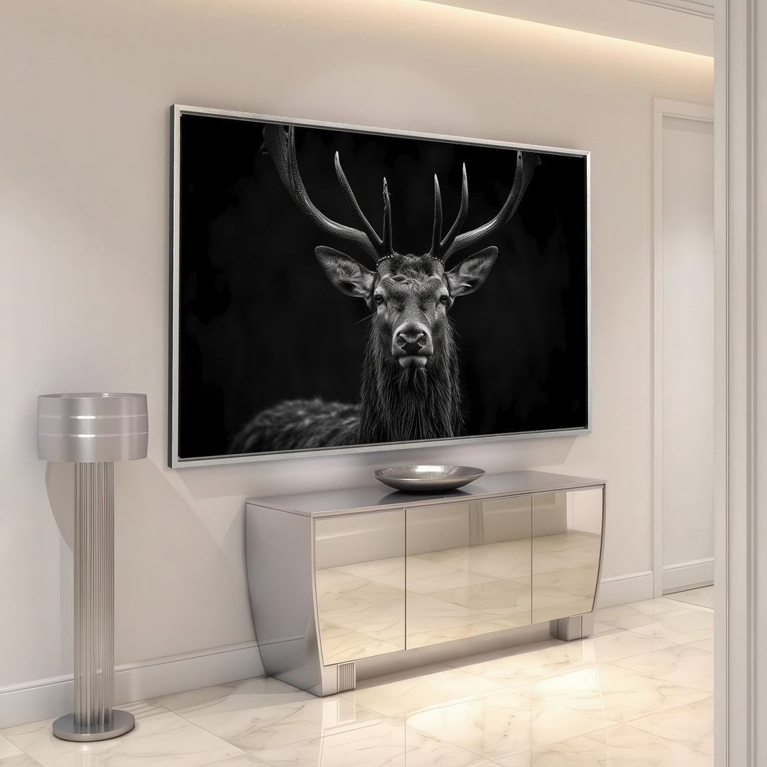 Framed Wall Art: Majestic black and white stag canvas print. Modern decor accentuates a sophisticated interior. Elevate your space with stunning wildlife art.