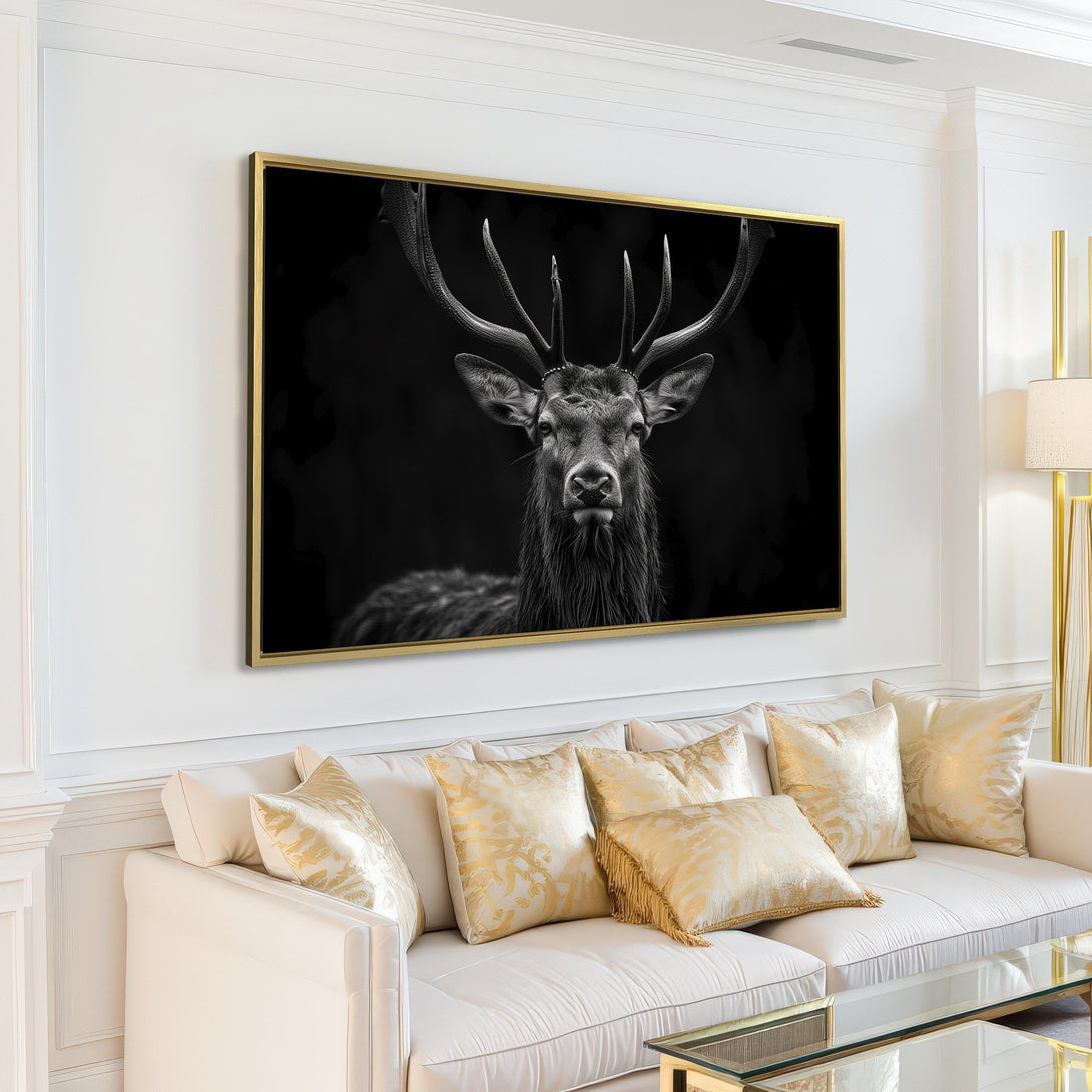 Black and white Canvas Print of a majestic stag. Modern wall art perfect for any living room, featuring a neutral color palette.