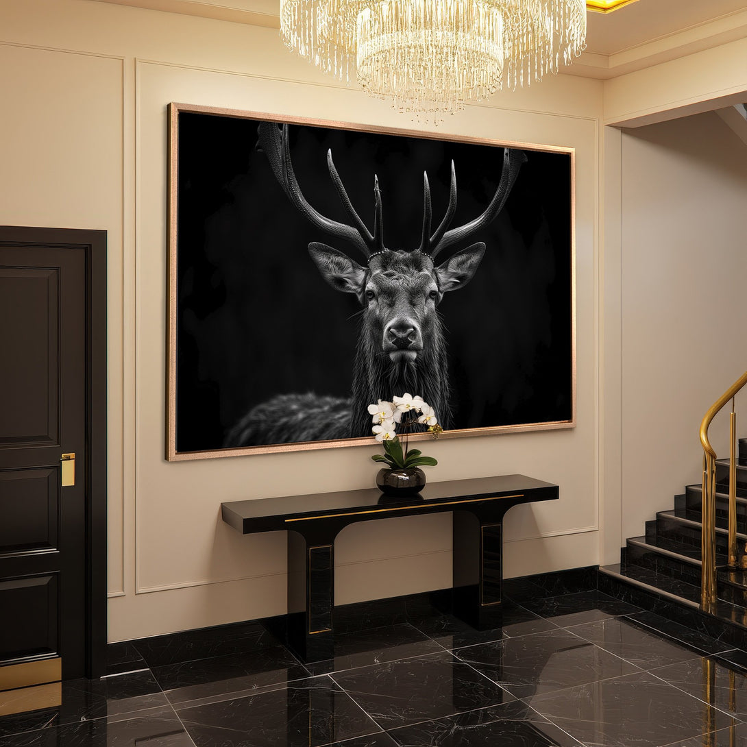Framed Wall Art: Majestic black and white deer portrait. Elegant home decor, neutral palette. Elevate your space with this stunning canvas print.