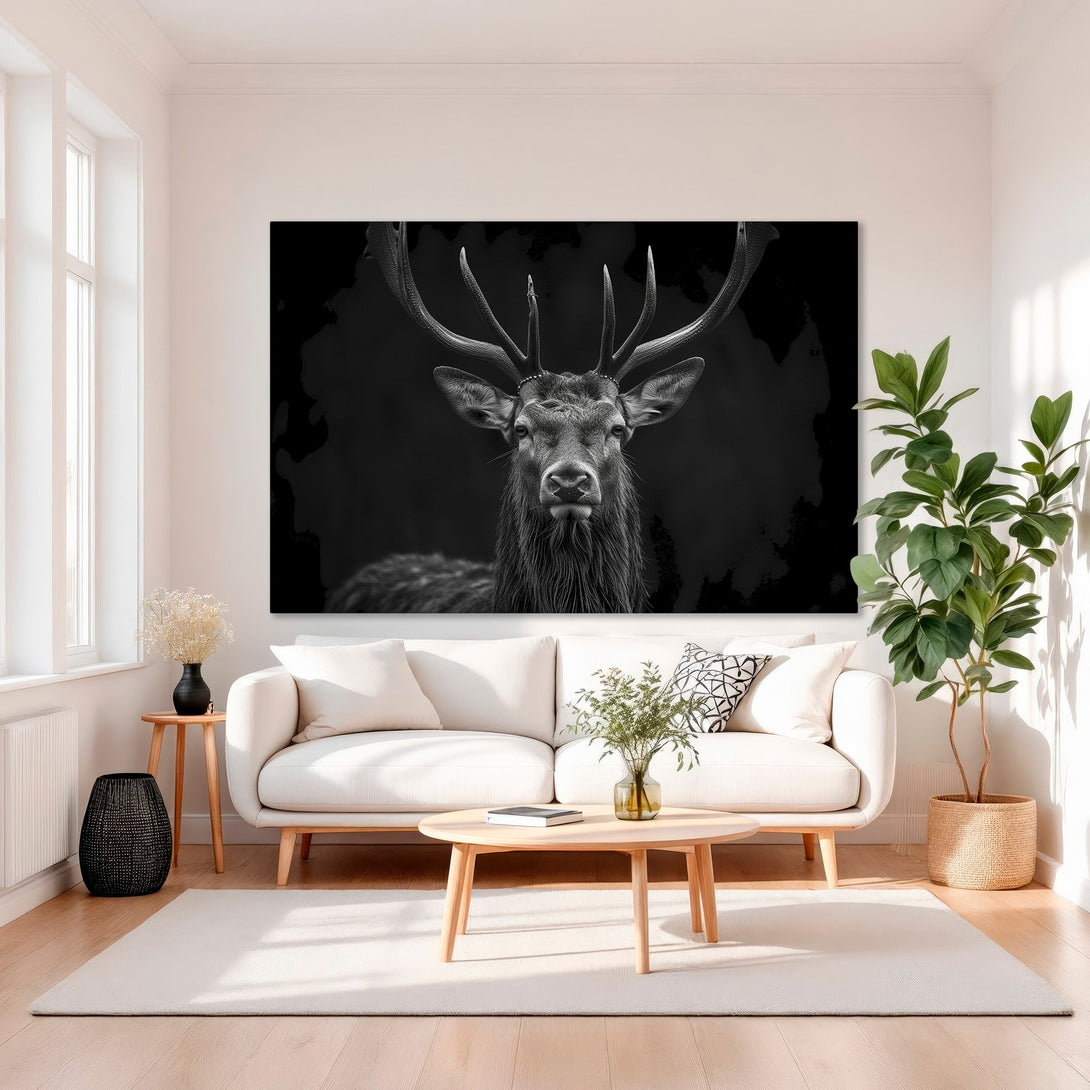 Framed Wall Art: Majestic stag portrait in monochrome, adding elegance to any space. Black & white canvas print with gold frame.