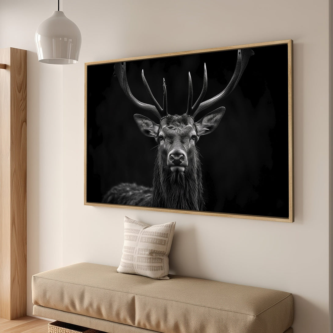 Framed Wall Art: Majestic black and white stag portrait. Modern, minimalist style in a neutral color palette. Perfect for adding a touch of nature to your home.