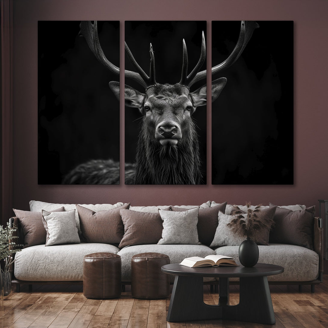 Canvas Print of a majestic stag in a dramatic black and white style. Modern wall art with a striking monochrome aesthetic.