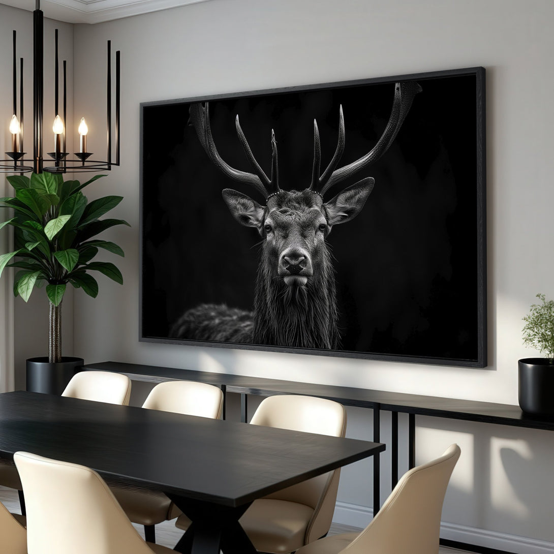 Framed Wall Art: Majestic black and white stag portrait. Modern, minimalist style. Perfect for adding a touch of elegance to your dining room.
