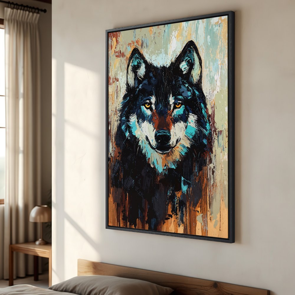 Framed Wall Art: Bold wolf portrait in vibrant blues, oranges, and blacks. Modern, textured Canvas Print adds artistic flair to any space.
