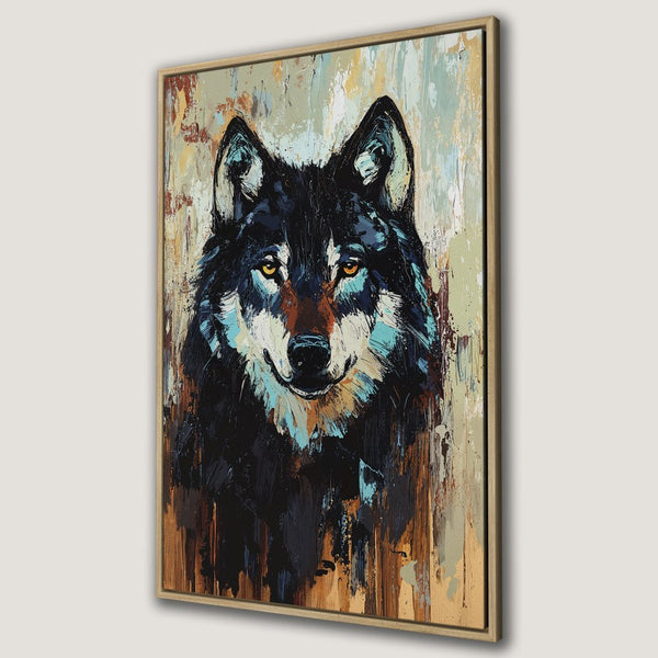 Framed Wall Art: Majestic wolf portrait in expressive brushstrokes. Earthy tones with pops of blue and yellow. Add this stunning Canvas Print to your home!