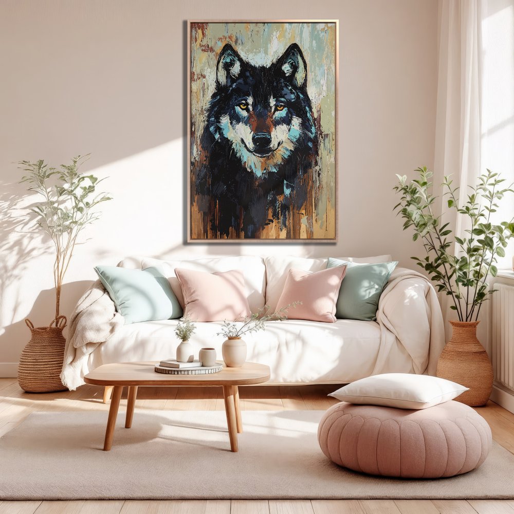 Framed Wall Art: Majestic wolf portrait in a modern, abstract style with a moody, neutral color palette. Elevate your space with this stunning Canvas Print!