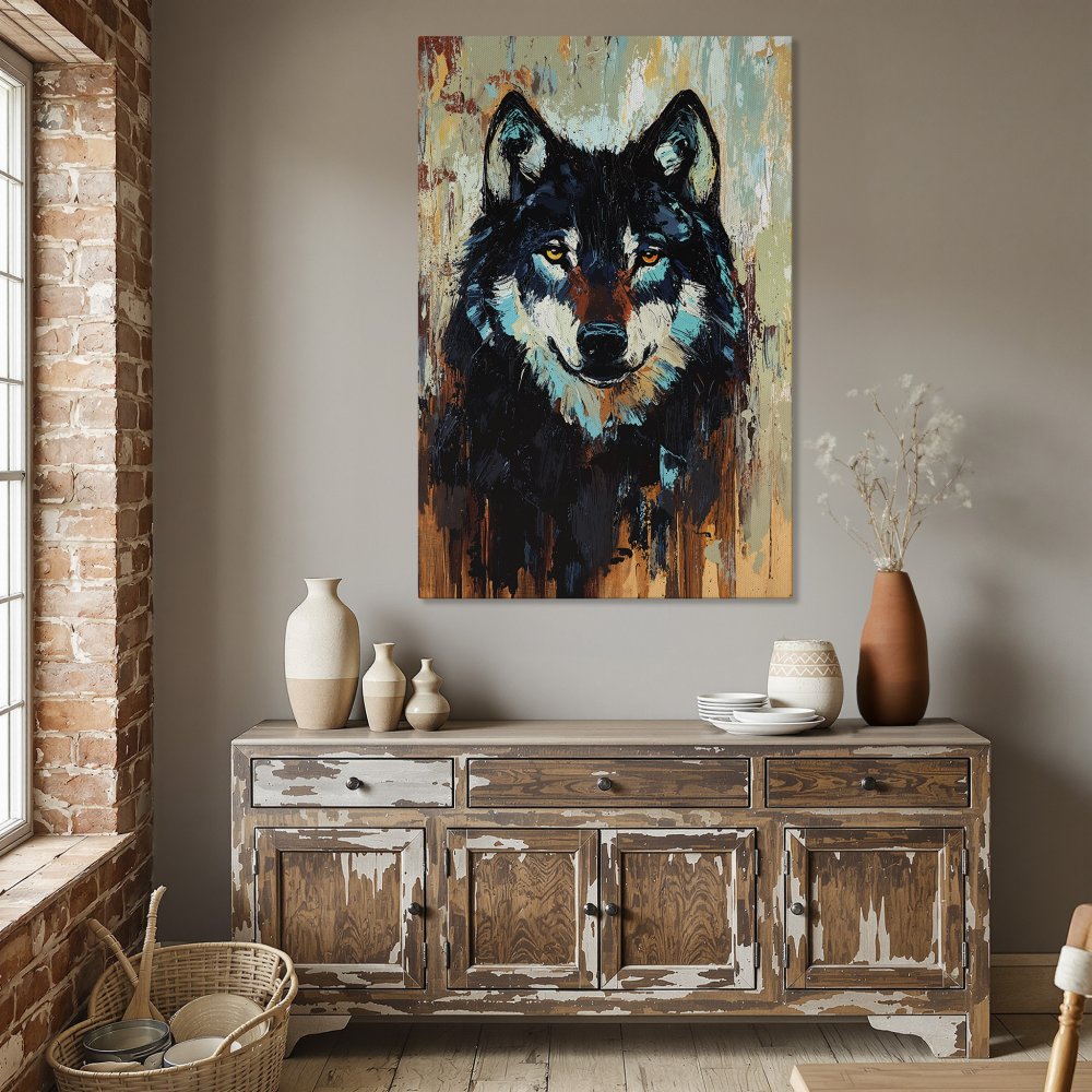 Framed Wall Art: Majestic wolf portrait canvas print in a modern, textured style with a dark, earthy color palette. Shop now!