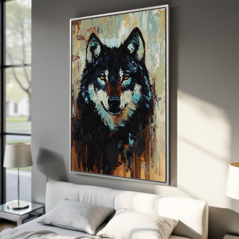 Framed Wall Art: Bold wolf portrait in expressive brushstrokes, featuring a black, blue, and gold color palette. Elevate your space with this stunning canvas print!