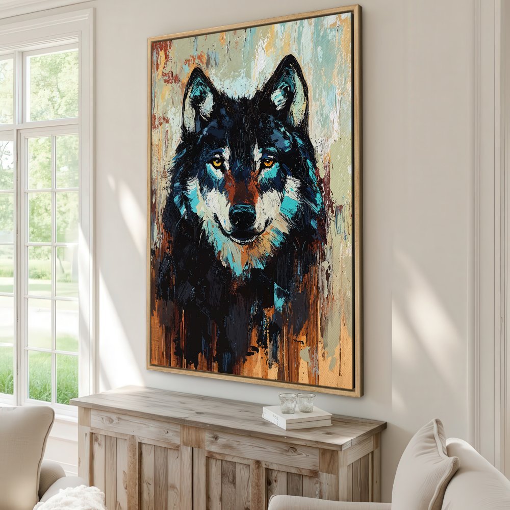 Framed Wall Art: Stunning wolf portrait canvas print in a textured, expressive style with a bold teal, black, and gold color palette. Perfect for modern decor!