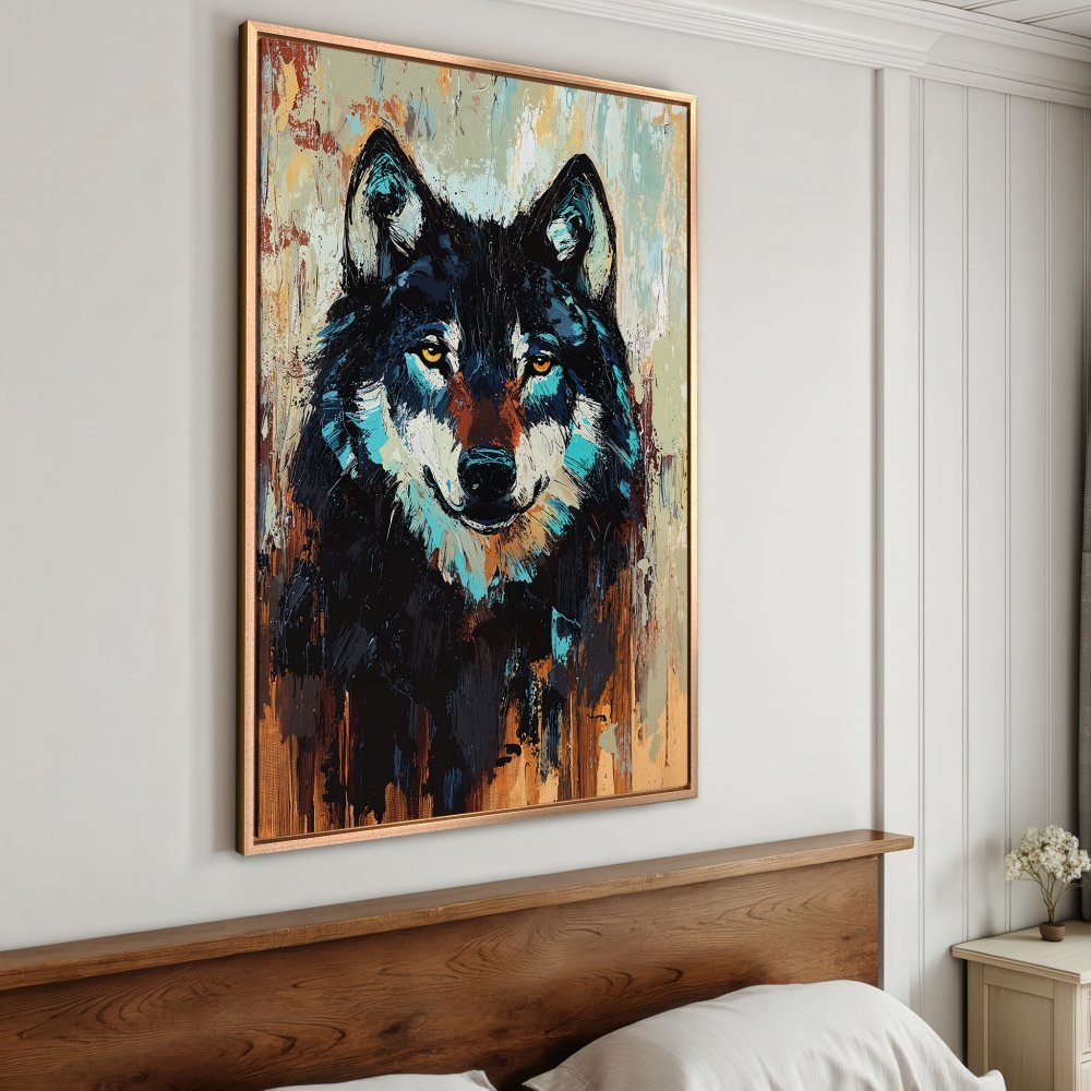 Framed Wall Art: Bold wolf portrait in a textured, expressive style. Featuring a striking palette of black, teal, and warm earth tones. Elevate your space!