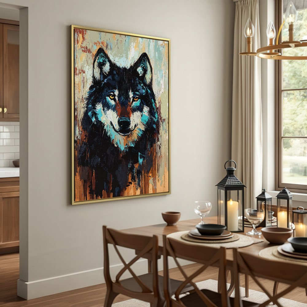 Canvas Print of a majestic wolf portrait, abstract style, featuring a moody color palette of black, blue, and gold.