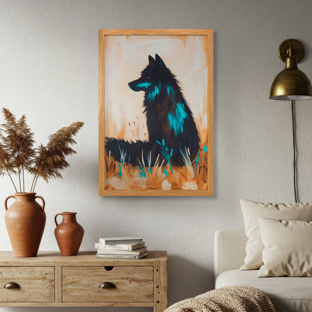 Framed Poster featuring a black wolf with teal accents, painted in an abstract style. Earthy color palette for a modern home decor look.