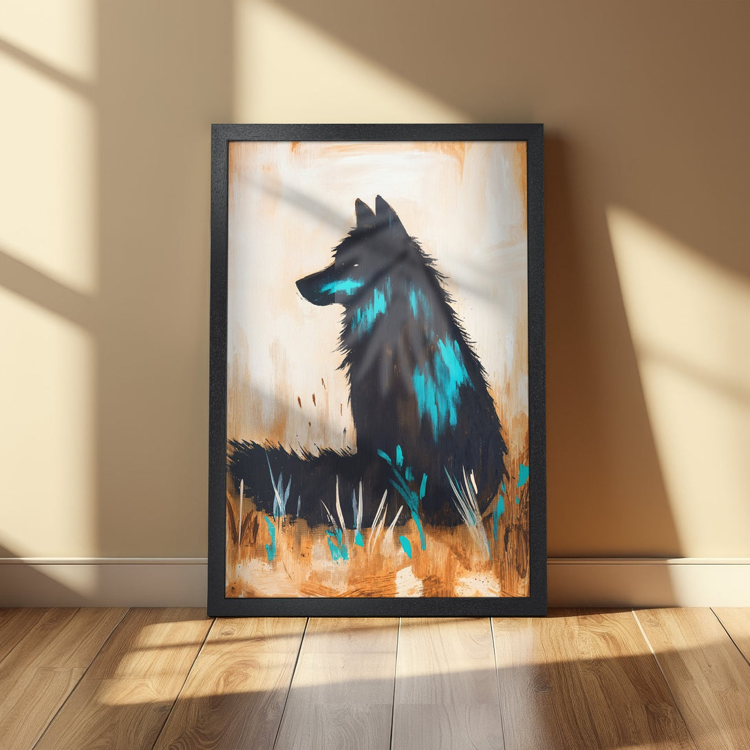Framed Poster featuring a black wolf with teal accents, abstract style, earthy tones. Add artistic flair to your space!