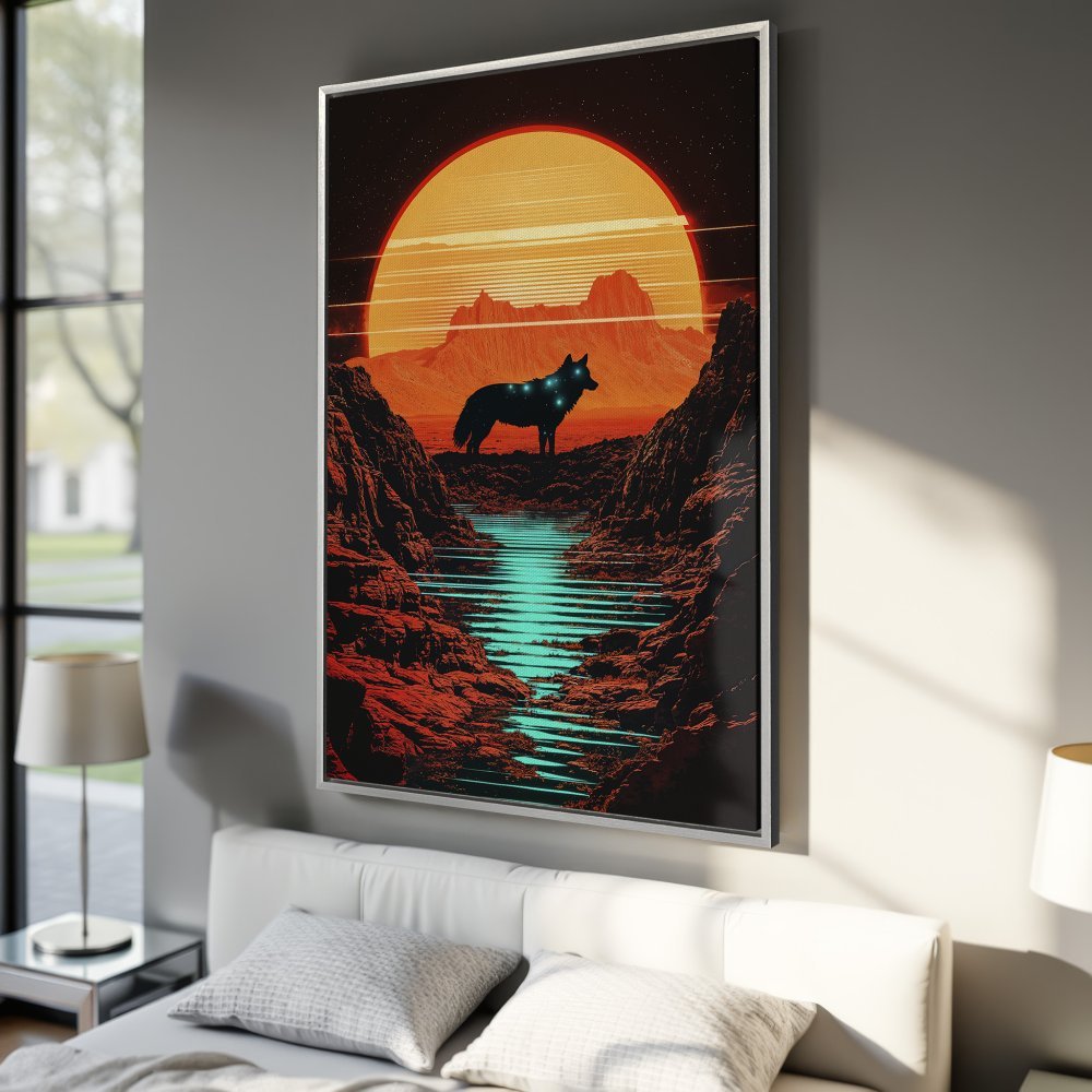 Framed Wall Art: Sci-fi wolf landscape Canvas Print. Orange, red, and teal color palette. Perfect for modern home decor.