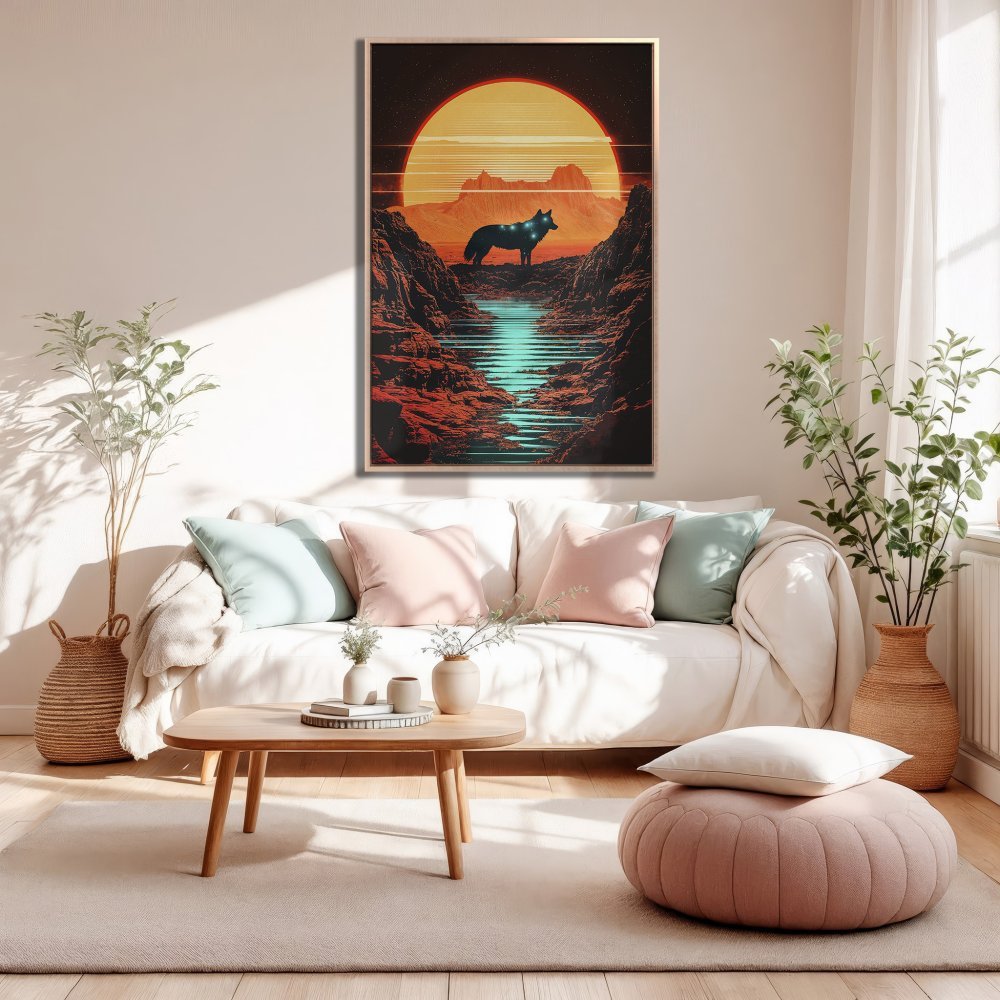 Framed Wall Art: Wolf landscape in retro style, warm sunset colors. Perfect for living room decor. Canvas Print available.