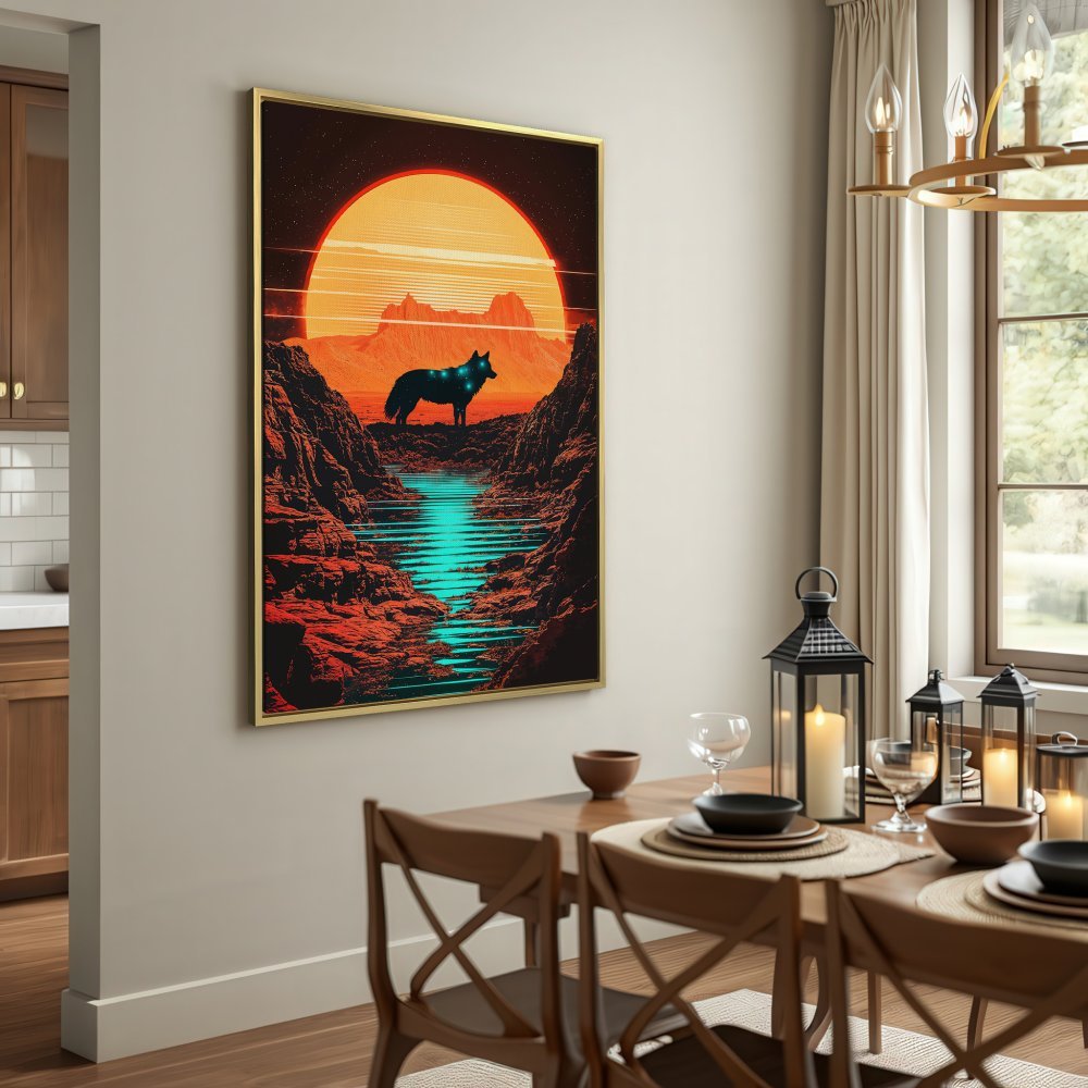 Canvas Print: Wolf art in retro style with a sunset backdrop. Red and orange color palette, perfect for modern home decor.