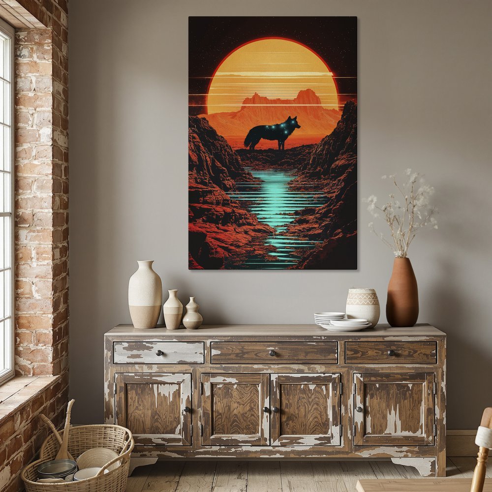 Framed Wall Art: Neon wolf landscape Canvas Print in orange & teal. Modern art for your home decor.