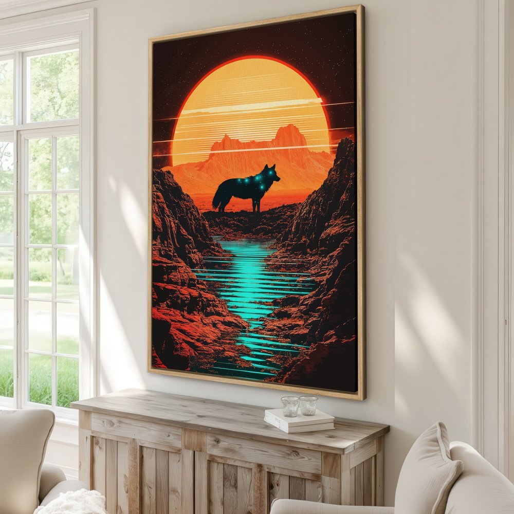 Framed Wall Art: Wolf in retro landscape. Vibrant orange & teal color palette. Perfect for modern home decor. Shop now!