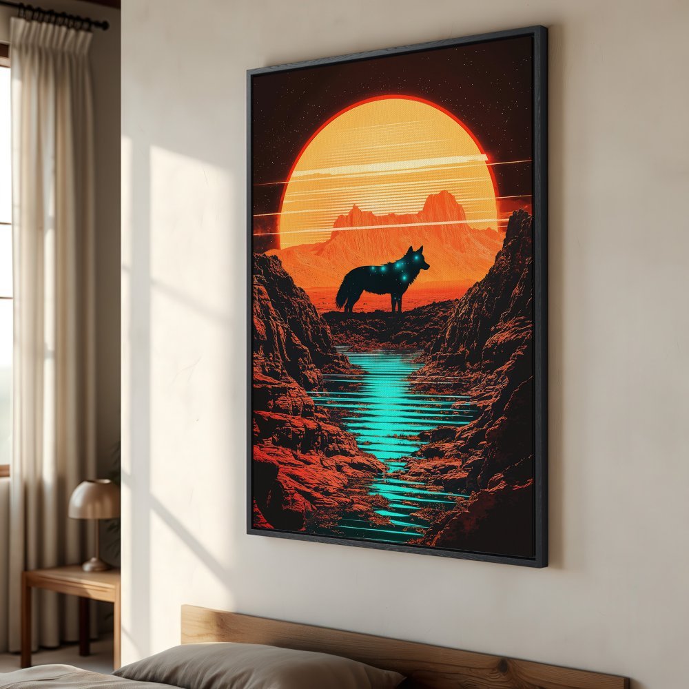 Framed Wall Art: Retro landscape with a wolf, vibrant orange & teal color palette. Add a touch of art to your home!