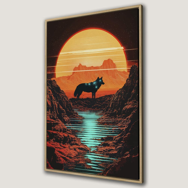 Framed Wall Art: Majestic wolf art print in retro style. Warm orange and teal color palette. Perfect for adding a unique touch to your space.