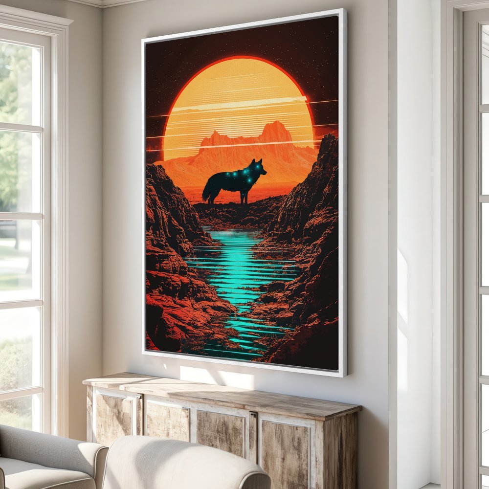 Framed Wall Art: Sci-fi wolf art print with vibrant orange and teal color palette. Perfect for modern home decor.