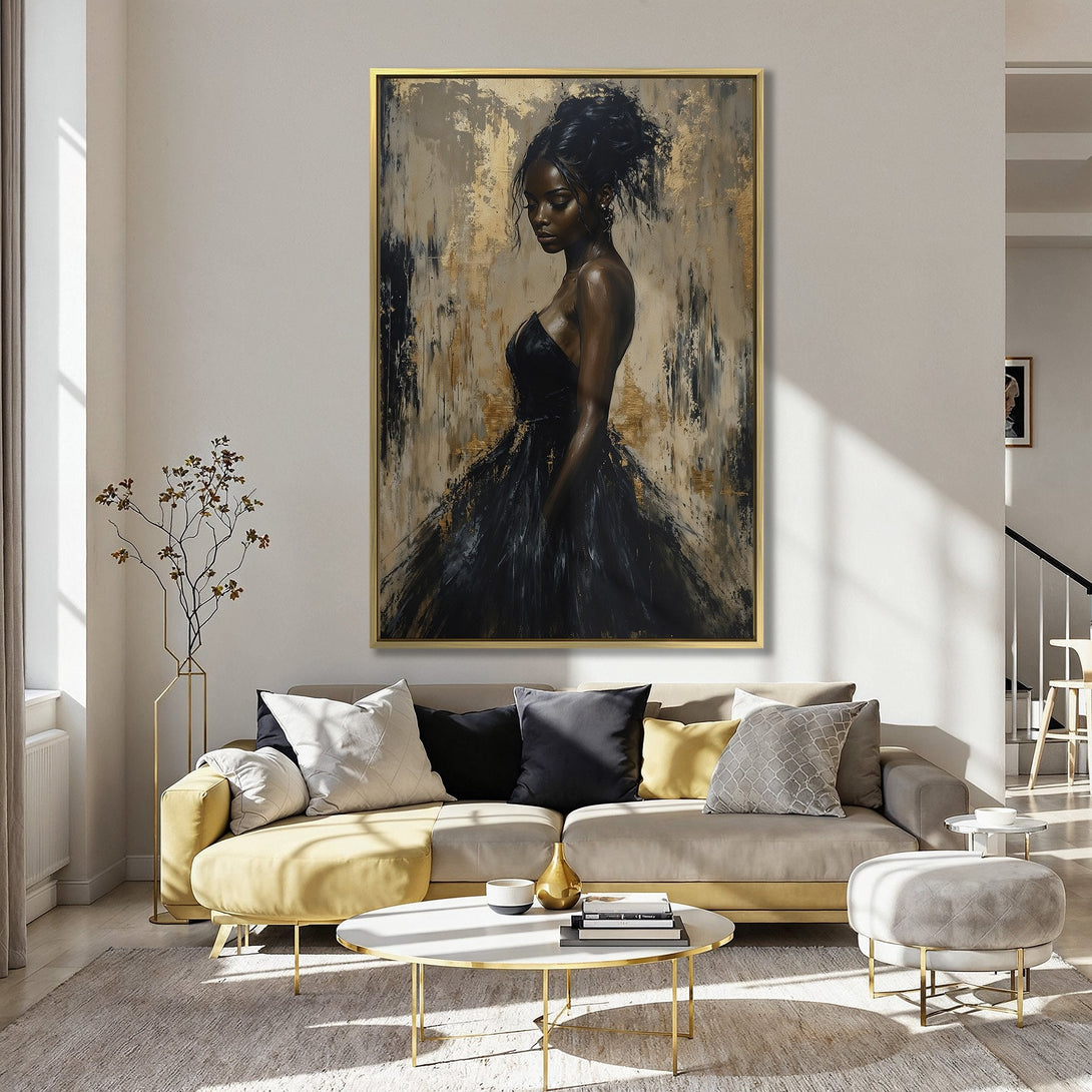 Canvas Print of elegant woman in black dress, abstract art style, gold and black palette, displayed in a stylish interior.