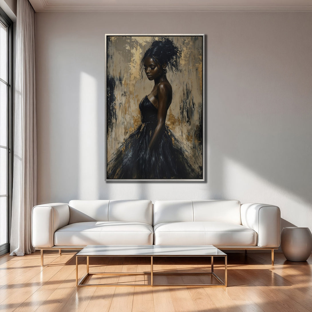 Framed Wall Art: Elegant woman in black dress. Abstract style with gold, black, and beige tones. Perfect for living room decor.