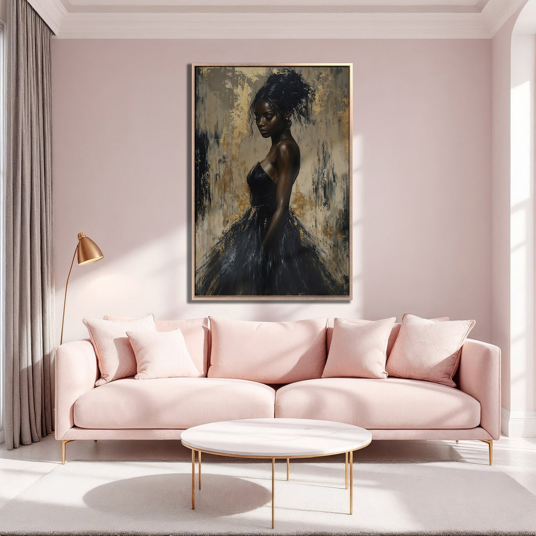 Framed Wall Art featuring an elegant woman in a black dress, abstract style with gold and black tones. Perfect for adding sophistication to any space.